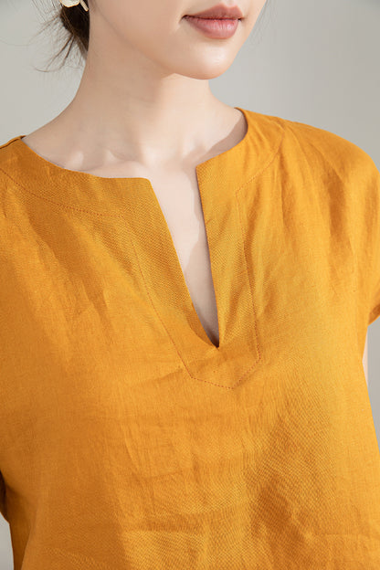 Yellow Linen Shirt - Short Sleeve Loose Fit Top 4207