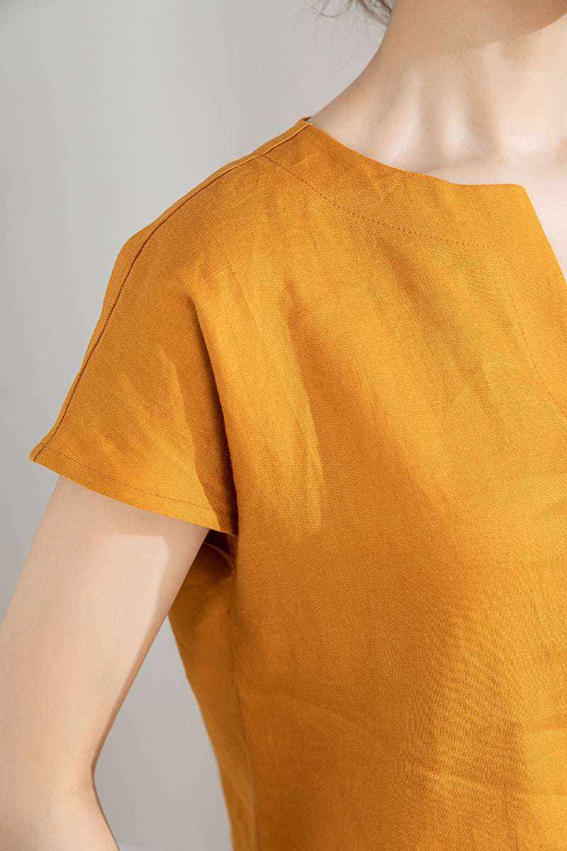 mustard yellow dress shirt short sleeve Linen Mini Shirt Dress With Pockets, Mustard Yellow Short Sleeved Summer Sundress Casual Minimalist Button Down Sustainable Fashion Clothing
