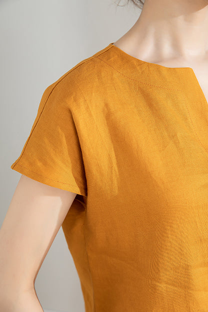 Yellow Linen Shirt - Short Sleeve Loose Fit Top 4207