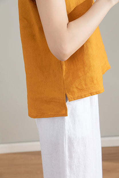 Yellow Linen Shirt - Short Sleeve Loose Fit Top 4207