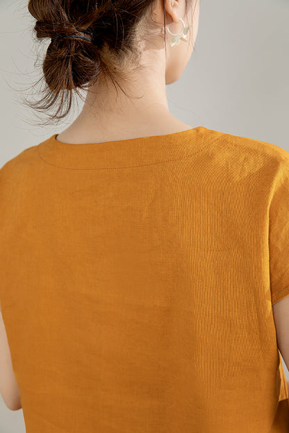 Yellow Linen Shirt - Short Sleeve Loose Fit Top 4207