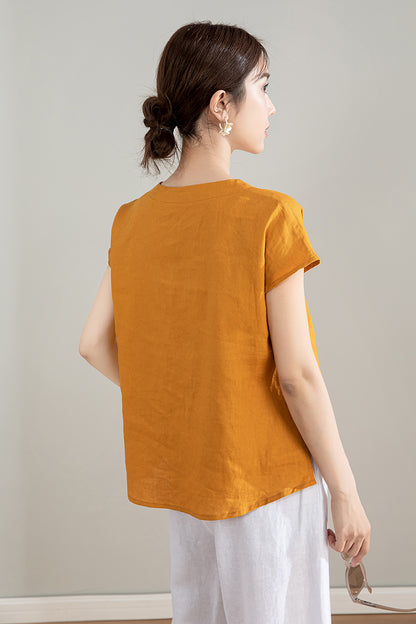 Yellow Linen Shirt - Short Sleeve Loose Fit Top 4207