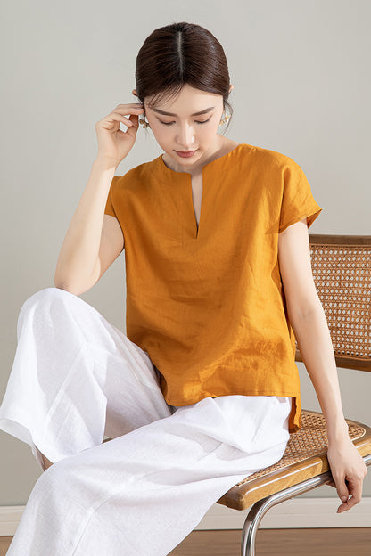 Yellow Linen Shirt - Short Sleeve Loose Fit Top 4207