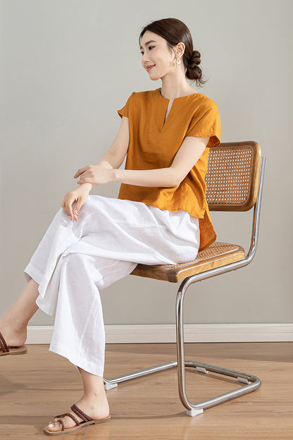 Yellow Linen Shirt - Short Sleeve Loose Fit Top 4207