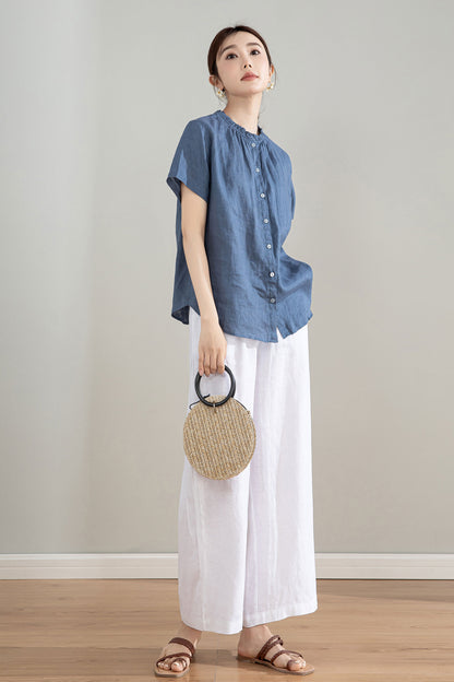Blue Vintage Handmade Linen Tops 4208