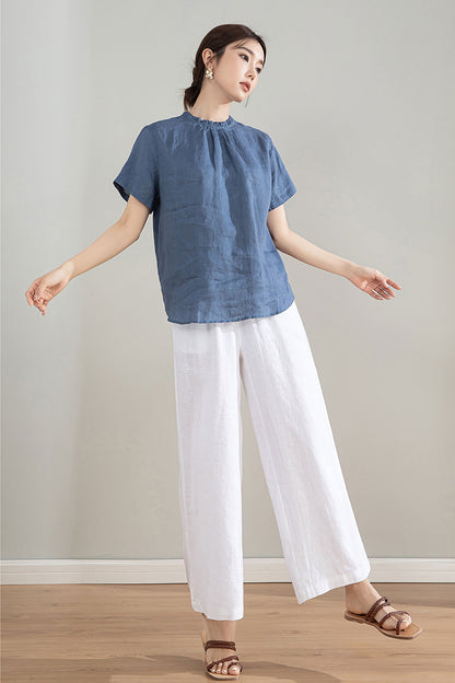 Blue Vintage Handmade Linen Tops 4208