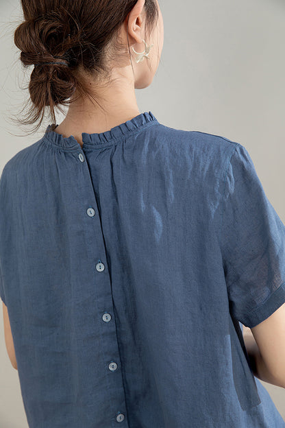 Blue Vintage Handmade Linen Tops 4208