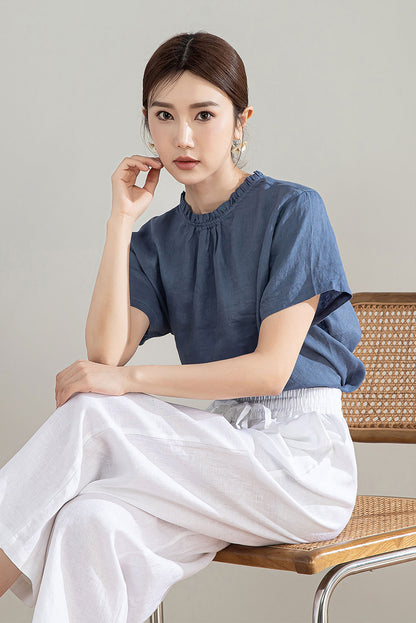 Blue Vintage Handmade Linen Tops 4208