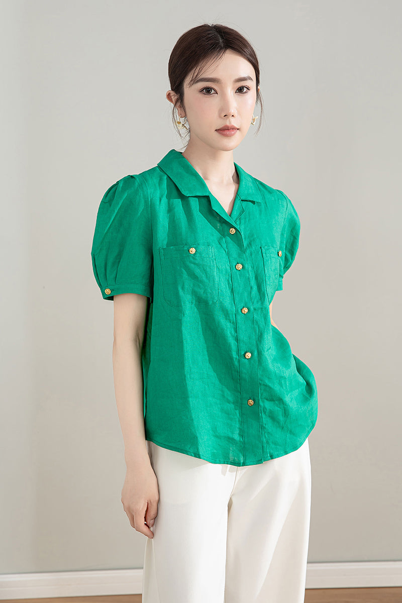 Green Puff Sleeve Linen Blouse 4209