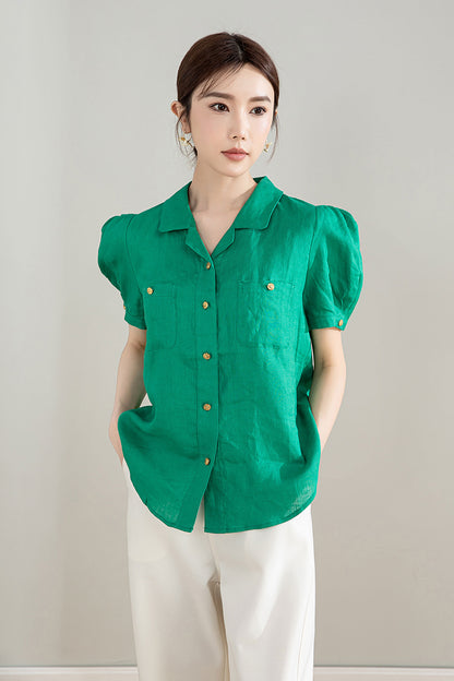 Green Linen Cotton Shirt - Puff Sleeve, V-Neck Collar 4209
