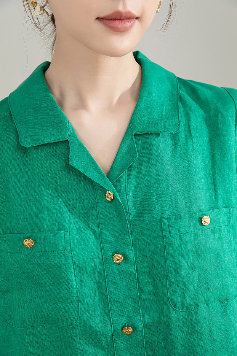 Green Puff Sleeve Linen Blouse 4209