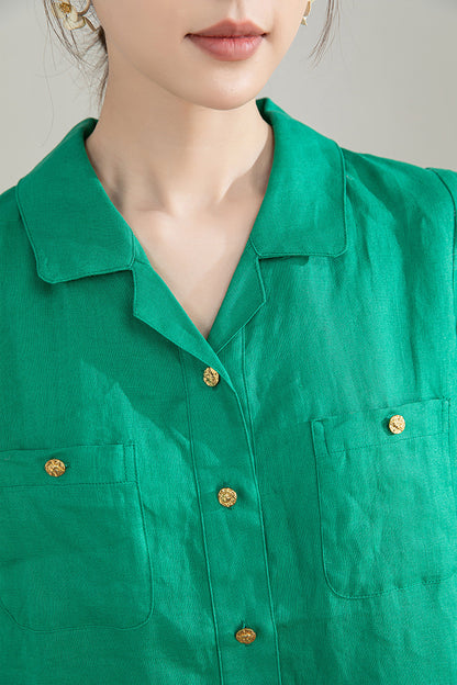 Green Linen Cotton Shirt - Puff Sleeve, V-Neck Collar 4209