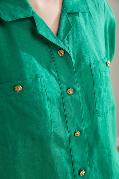 Green Linen Cotton Shirt - Puff Sleeve, V-Neck Collar 4209
