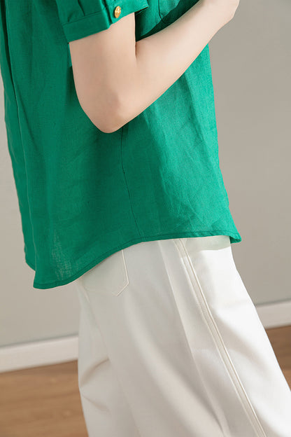 Green Linen Cotton Shirt - Puff Sleeve, V-Neck Collar 4209