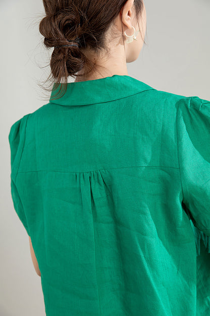 Green Linen Cotton Shirt - Puff Sleeve, V-Neck Collar 4209