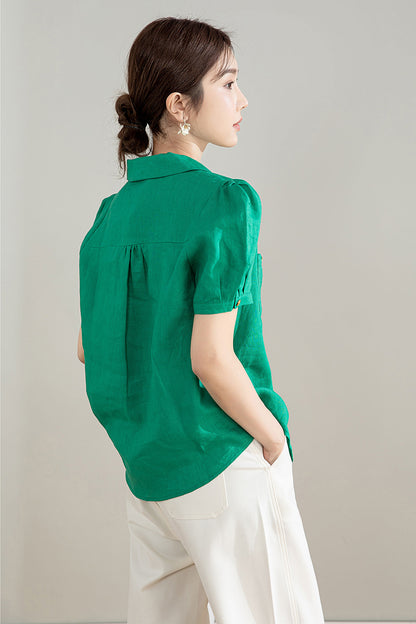 Green Linen Cotton Shirt - Puff Sleeve, V-Neck Collar 4209