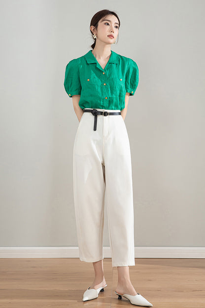 Green Linen Cotton Shirt - Puff Sleeve, V-Neck Collar 4209