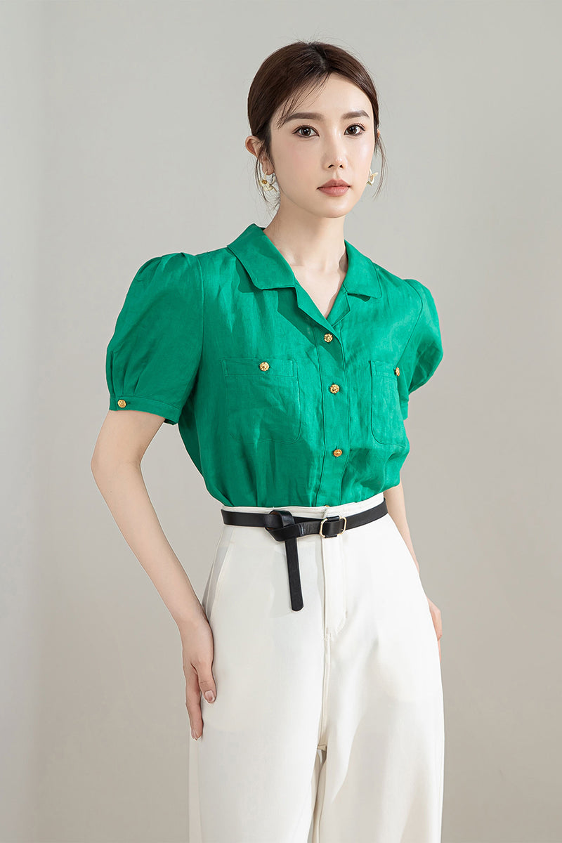 Green Puff Sleeve Linen Blouse 4209