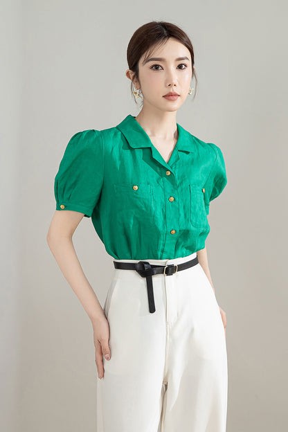 Green Linen Cotton Shirt - Puff Sleeve, V-Neck Collar 4209