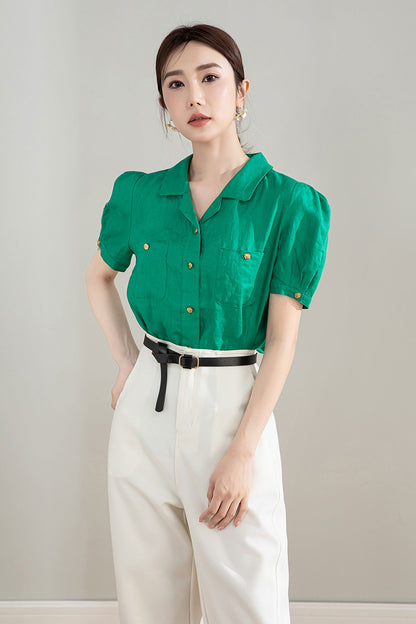 Green Linen Cotton Shirt - Puff Sleeve, V-Neck Collar 4209
