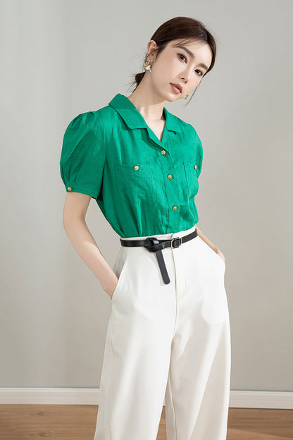Green Linen Cotton Shirt - Puff Sleeve, V-Neck Collar 4209