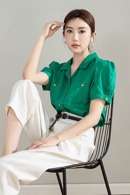 Green Linen Cotton Shirt - Puff Sleeve, V-Neck Collar 4209