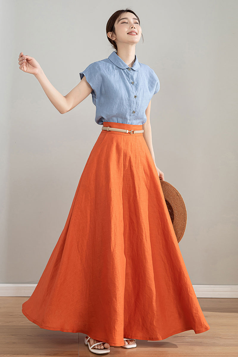 Orange High Waisted Linen Skirt 4215