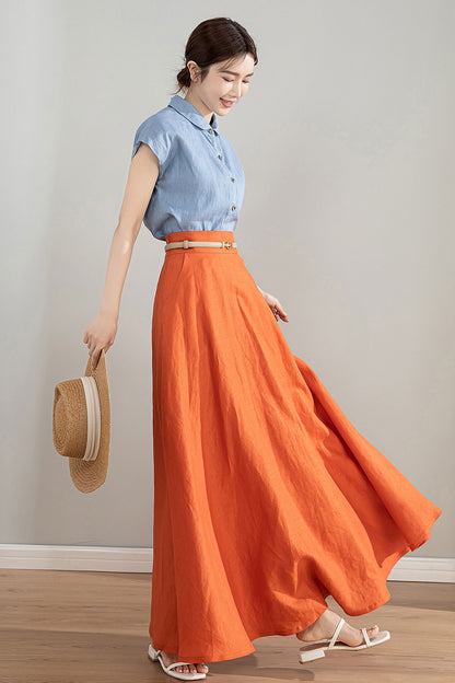 Orange High Waisted Linen Skirt 4215