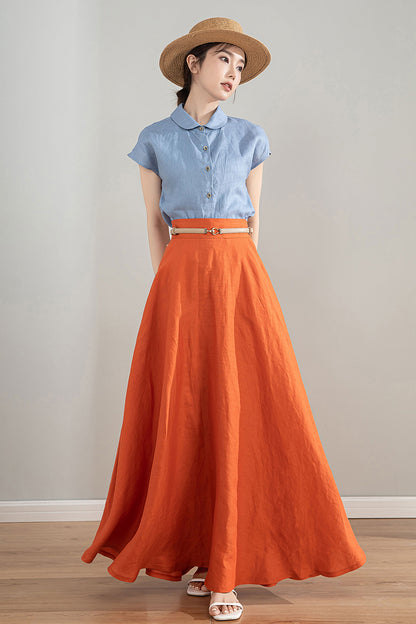 Orange High Waisted Linen Skirt 4215