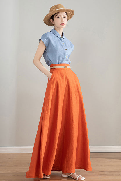 Orange High Waisted Linen Skirt 4215