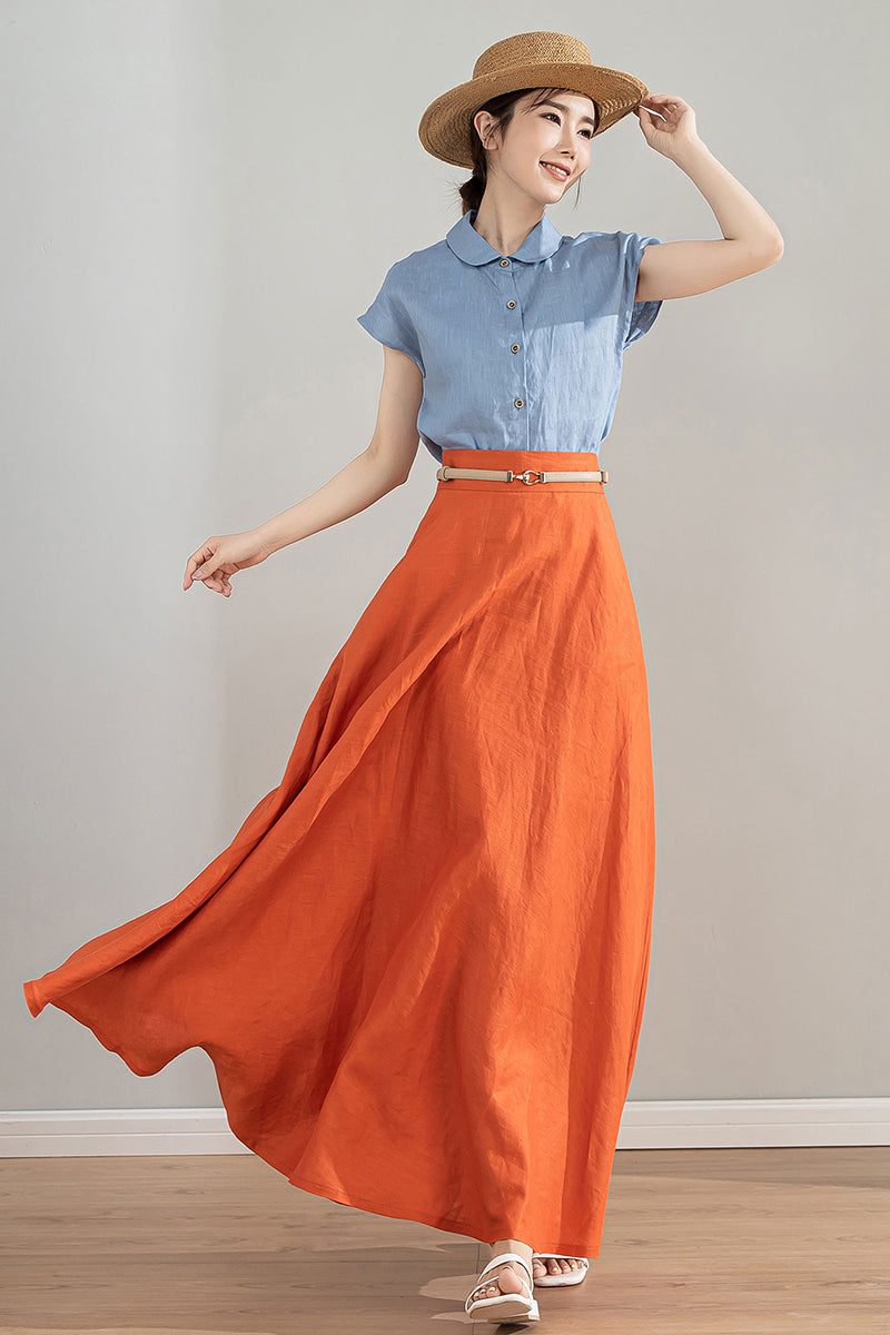 Orange High Waisted Linen Skirt 4215