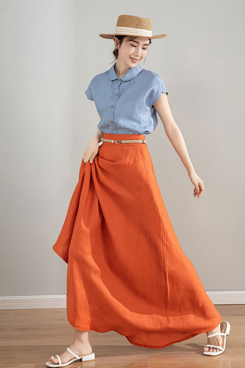 Orange High Waisted Linen Skirt 4215