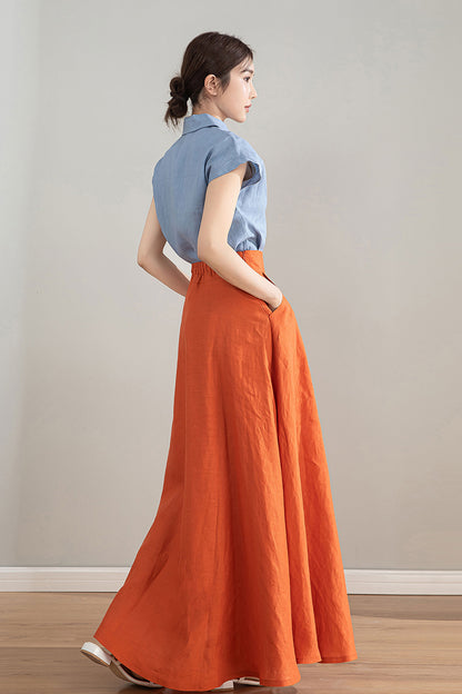 Orange High Waisted Linen Skirt 4215
