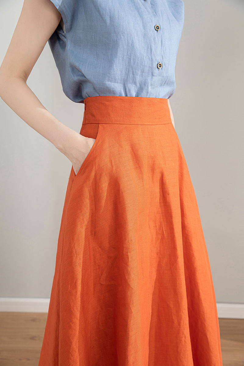 Orange High Waisted Linen Skirt 4215