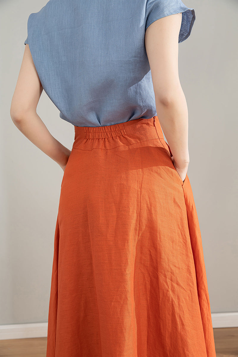 Orange High Waisted Linen Skirt 4215