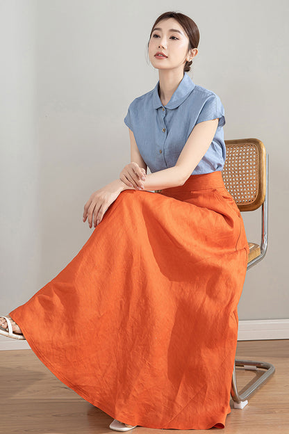 Orange High Waisted Linen Skirt 4215