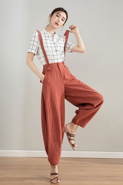 Red Linen Cotton Baggy Pants with Detachable Straps - Relaxed Fit 4212