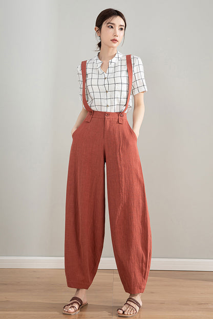 Red Linen Cotton Baggy Pants with Detachable Straps - Relaxed Fit 4212