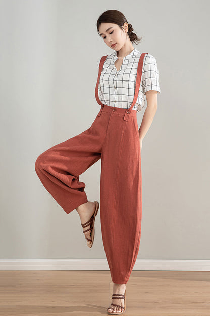 Red Linen Cotton Baggy Pants with Detachable Straps - Relaxed Fit 4212