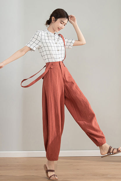 Red Linen Cotton Baggy Pants with Detachable Straps - Relaxed Fit 4212