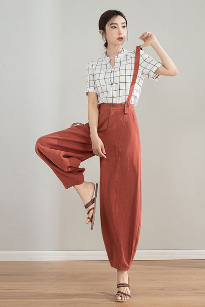 Red Linen Cotton Baggy Pants with Detachable Straps - Relaxed Fit 4212