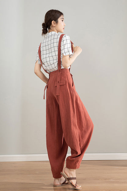 Red Linen Cotton Baggy Pants with Detachable Straps - Relaxed Fit 4212