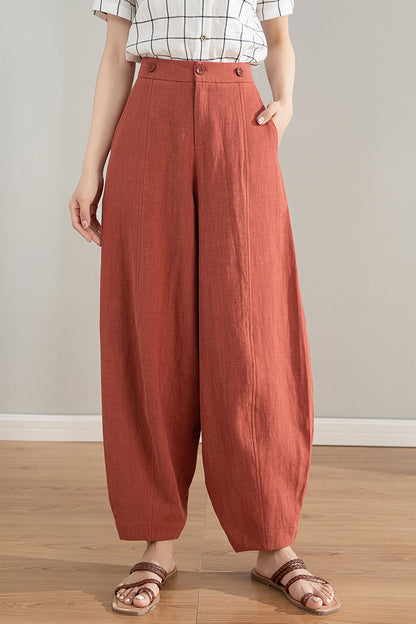 Red Linen Cotton Baggy Pants with Detachable Straps - Relaxed Fit 4212