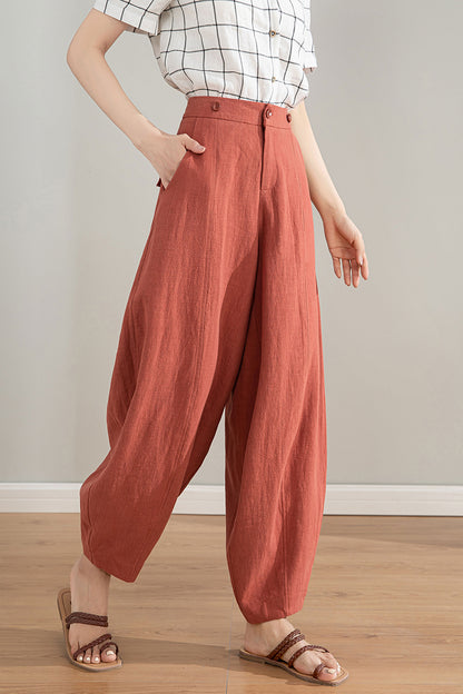 Red Linen Cotton Baggy Pants with Detachable Straps - Relaxed Fit 4212