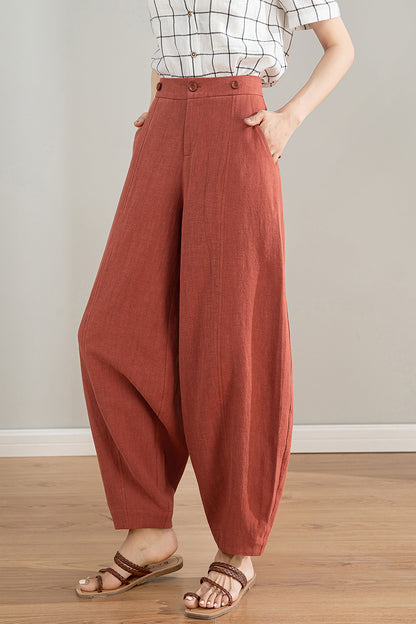 Red Linen Cotton Baggy Pants with Detachable Straps - Relaxed Fit 4212