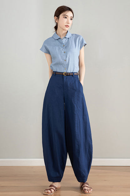 Dark Blue Linen Wide Leg Pants - High Waisted Tapered Silhouette 4213
