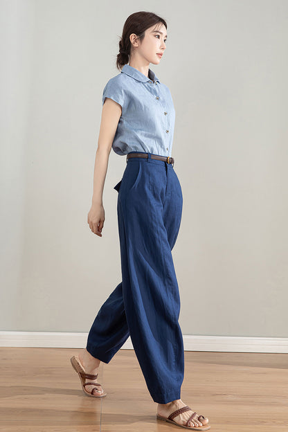 Dark Blue Linen Wide Leg Pants - High Waisted Tapered Silhouette 4213