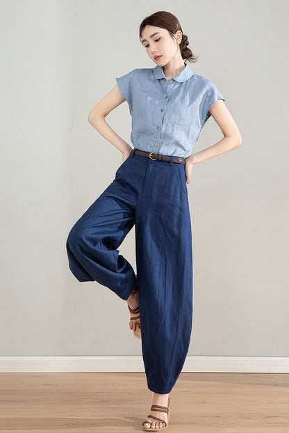 Dark Blue Linen Wide Leg Pants - High Waisted Tapered Silhouette 4213