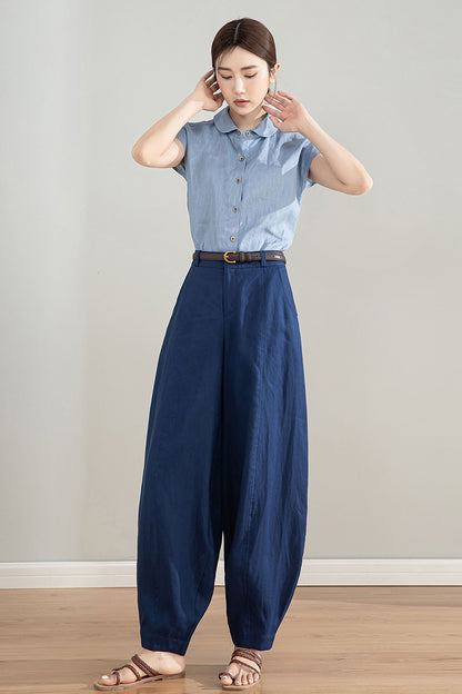 Dark Blue Linen Wide Leg Pants - High Waisted Tapered Silhouette 4213