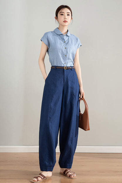 Dark Blue Linen Wide Leg Pants - High Waisted Tapered Silhouette 4213